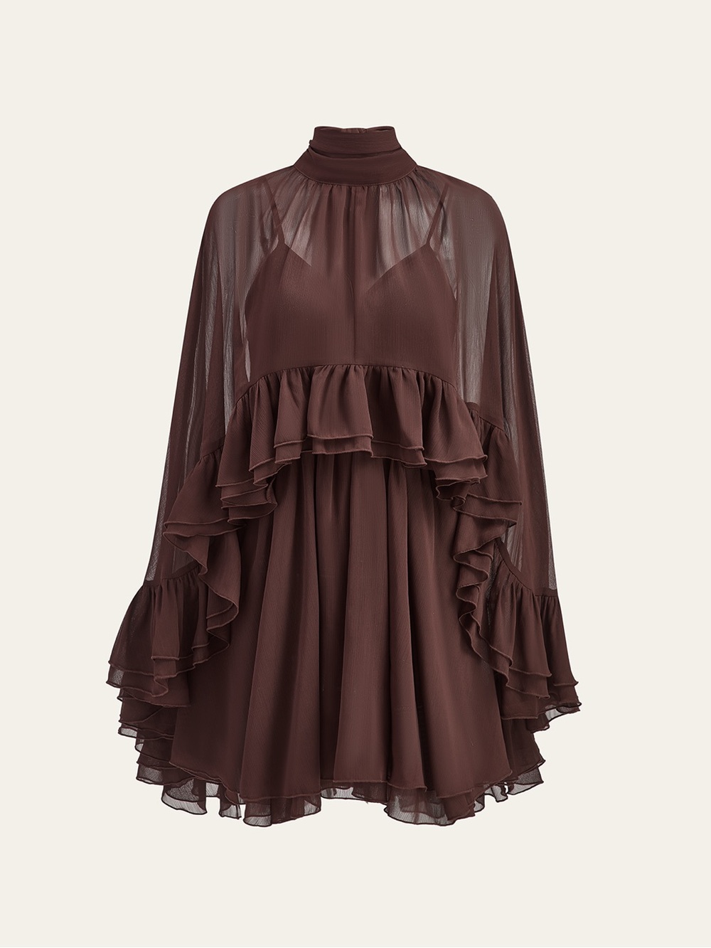 Commense Semi-Sheer Chiffon Ruffle Dress With Outer Cape